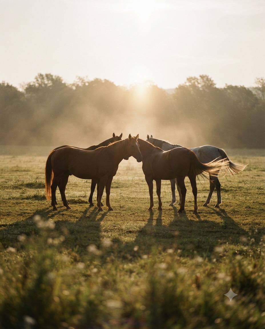 Un troupeau de chevaux au pré, dans la lumière du petit matin